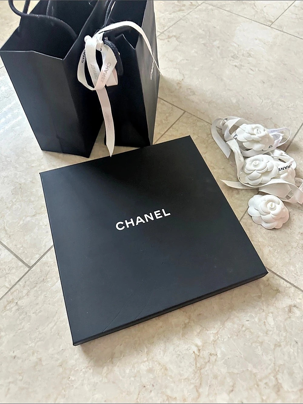 CHANEL Packaging Bundle Gift Box Shopping Bags and Camellias Black & White